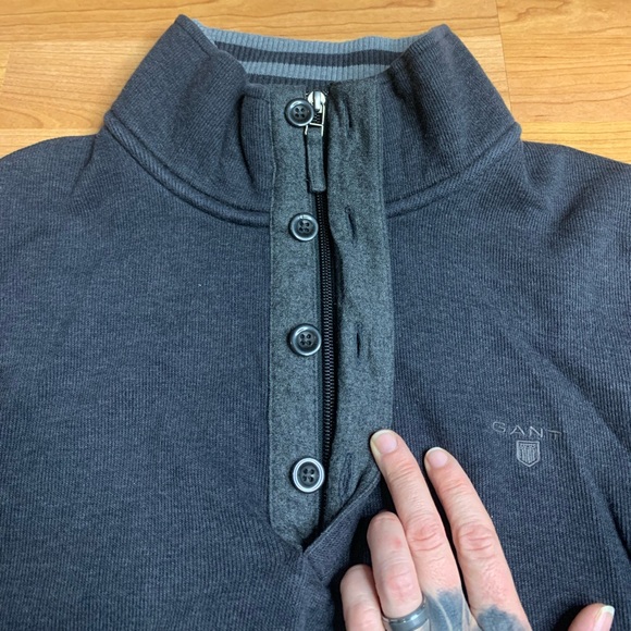 GANT Men’s Quarter Zip Button Mock Neck Sweater Cotton Elbow Patches Grey L - Picture 4 of 12